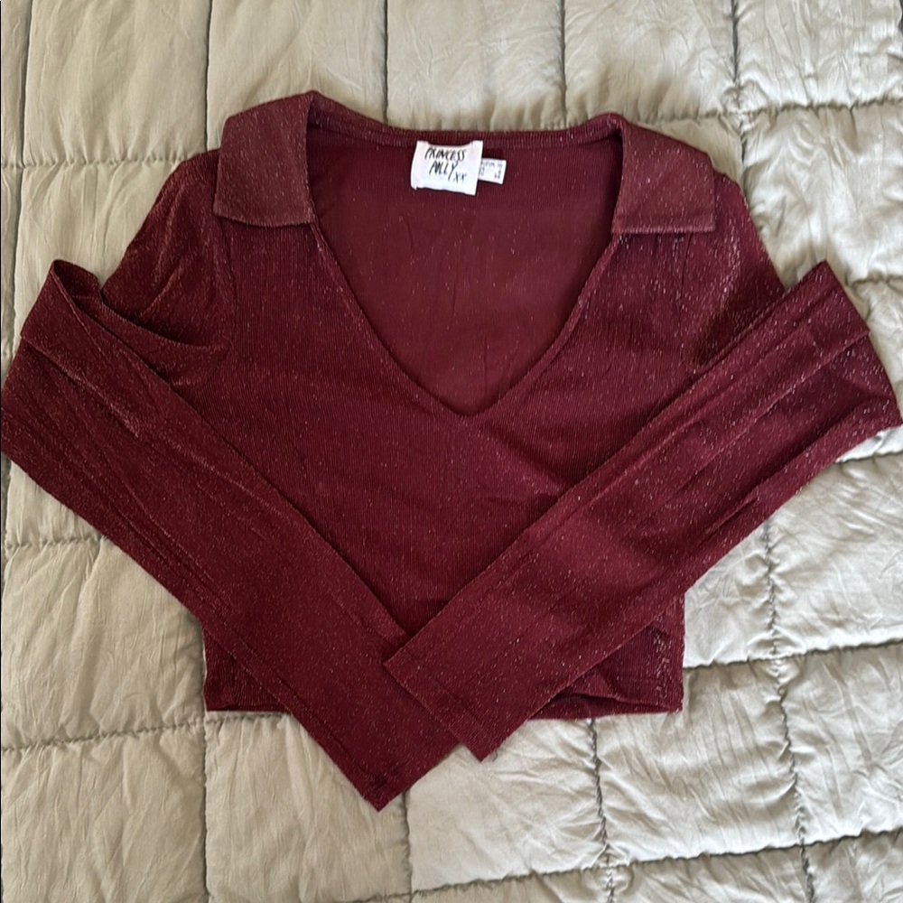 Princess Polly Maroon Long Sleeve V-Neck Top